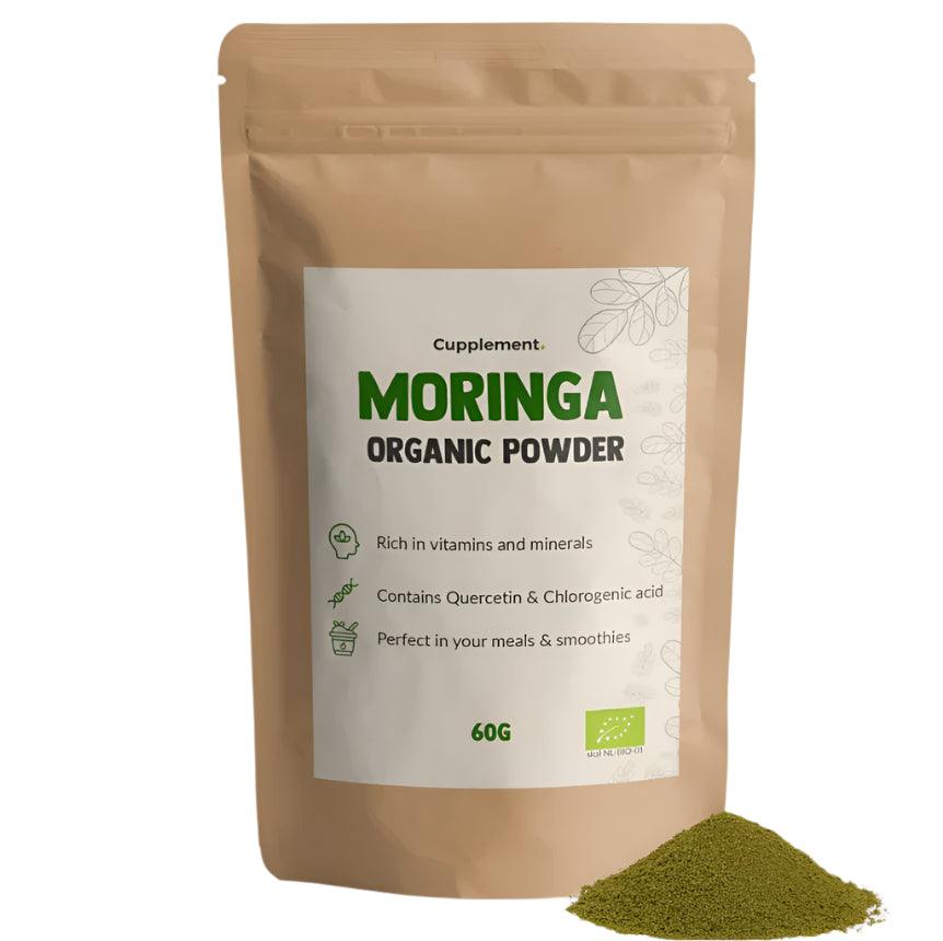 CUPLEMENT BIO Moringa Powder superfood in a 60g package, showing vibrant green moringa powder in a container or scoop.