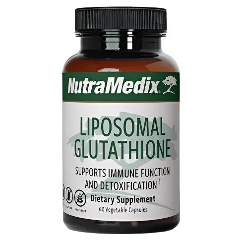 SENTOSA Nutramedix Liposomal Glutathione supplement bottle with 60 capsules, close-up of the product label.