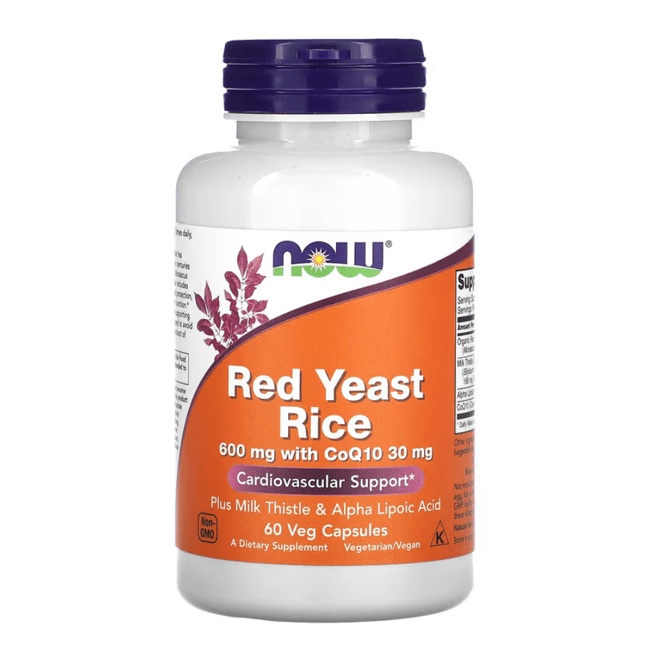Old Products NOW Foods Red Yeast Rice supplement in 60 vegetarian capsules, showing the supplement bottle and label.