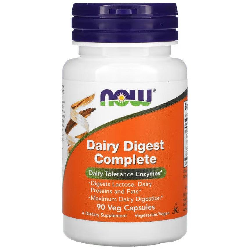 NOW Foods Dairy Digest Complete supplement in a bottle with 90 vegetarian capsules, designed to support dairy digestion.