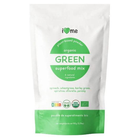 Organic green superfood mix by ILOVE ME in a 150g package, featuring a vibrant blend of nutrient-rich greens and superfood ingredients.