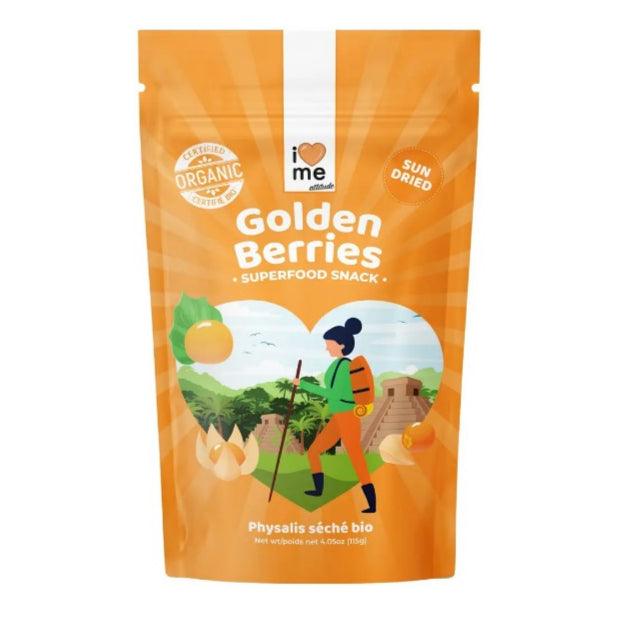 Organic dried Physalis berries from ILOVE ME in a 115g package, showcasing the small, golden, papery husks and vibrant berries.