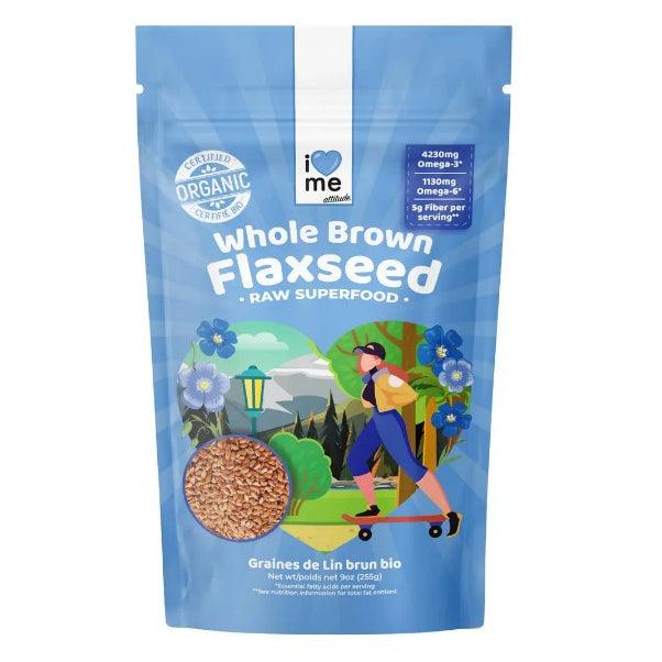 Organic flax seeds from ILOVE ME superfood brand in a 255g package, shown in a clear close-up image.