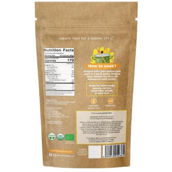 Organic yellow split peas in a 400g package, ILOVE ME superfood with natural, vibrant yellow color and fresh appearance.
