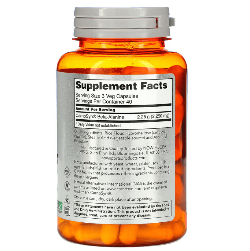MKSTAVRINOS NOW Foods Beta-Alanine supplement, 750 mg endurance capsules, 120 vegetarian capsules on a white background.