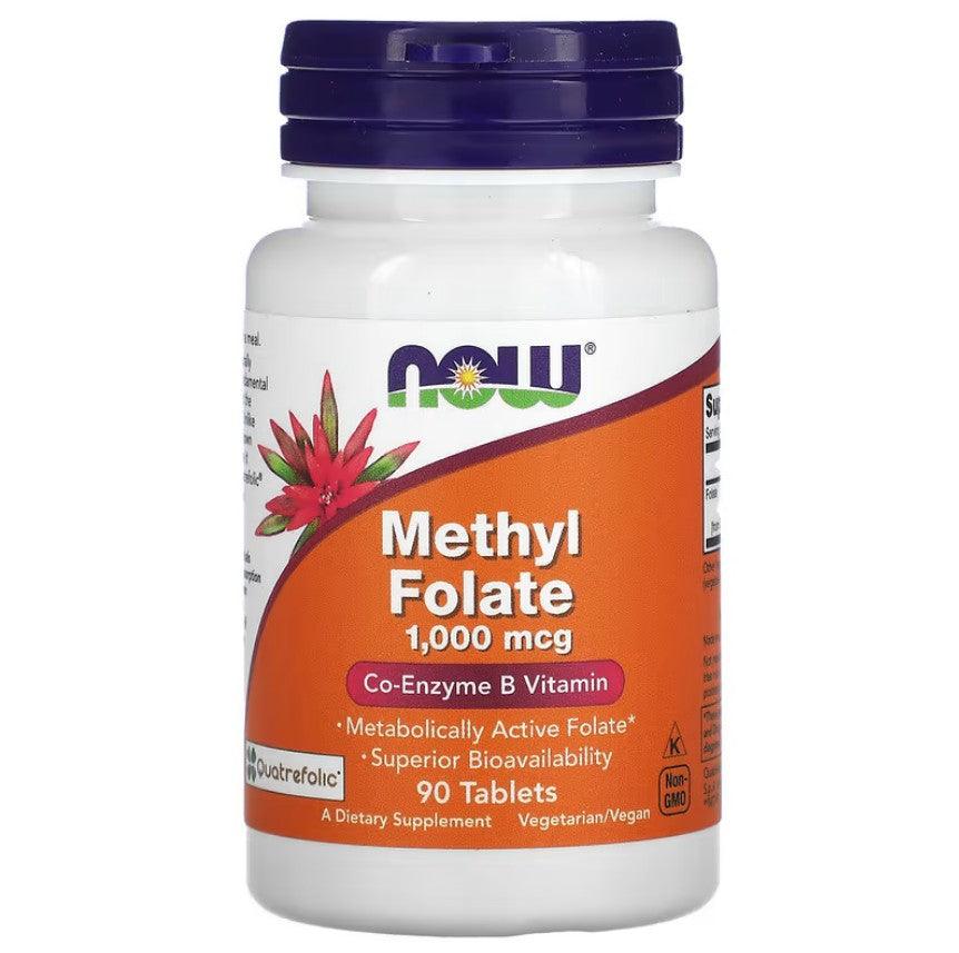 MKSTAVRINOS NOW Foods Methyl Folate supplement bottle with 90 tablets, 1000 mcg dietary folate supplement for health support.