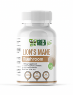 Green Life Cyprus Lion’s Mane Mushroom supplement capsules for cognitive and nervous system support, shown in a close-up image.