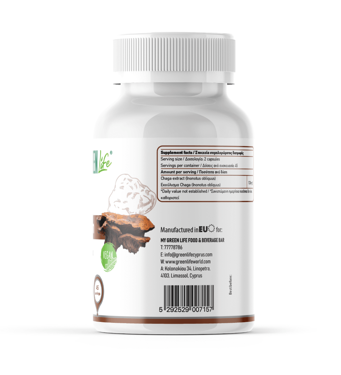 Green Life Cyprus Chaga mushroom supplement bottle with 90 capsules, supporting immune and antioxidant health.