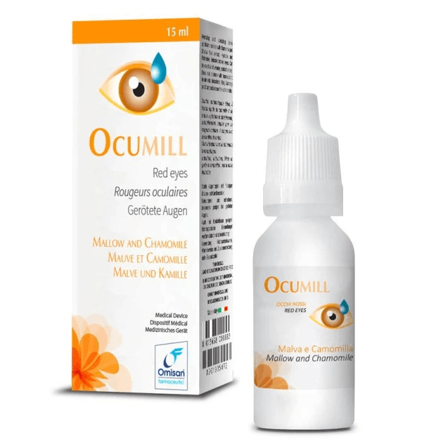VITAREA Ocumill Eye Drop 15ml bottle with dropper cap, clear liquid for eye care, shown in a close-up shot.
