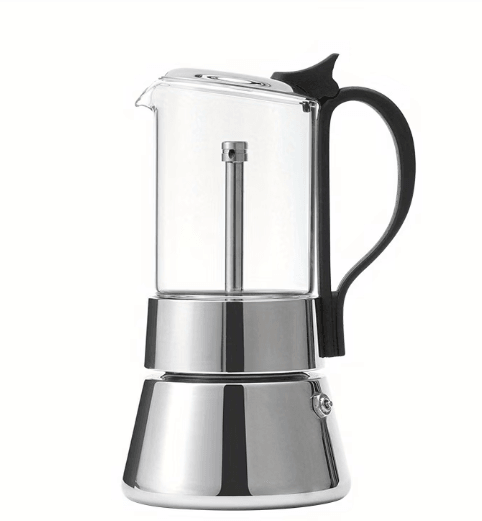 TEMU glass Moka coffee pot, 200ml borosilicate espresso maker for stovetop brewing, with a clear view of the transparent design.