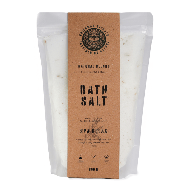 Greenman Rituals Oat & Honey Epsom Bath Salt from AW GIFTS, showing a jar of relaxing spa blend with oats and honey ingredients.