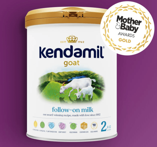 Kendamil Goat Follow-On Milk stage 2 for 6-12 months in a container, shown in a product image with branding and packaging details.