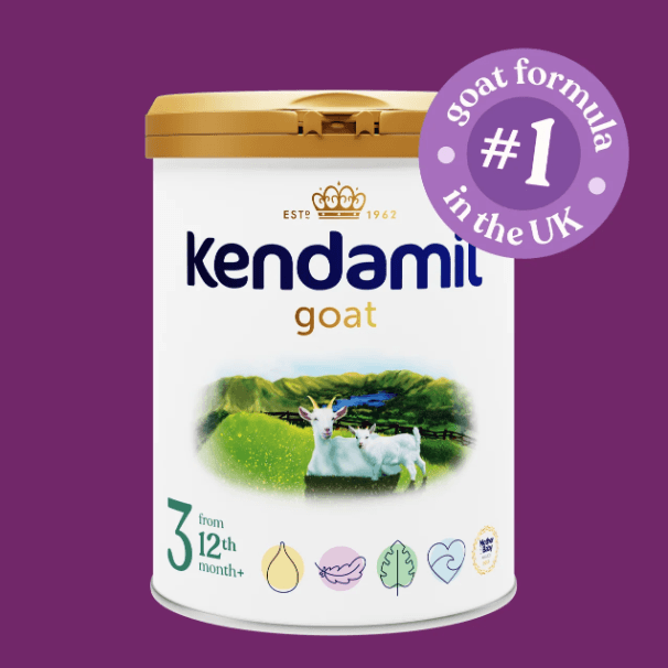 Kendamil Goat Toddler Milk Stage 3 for 12+ months in a container with a label showing goat milk ingredients and nutrition info