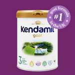 Kendamil Goat Toddler Milk Stage 3 for 12+ months in a container with a label showing goat milk ingredients and nutrition info