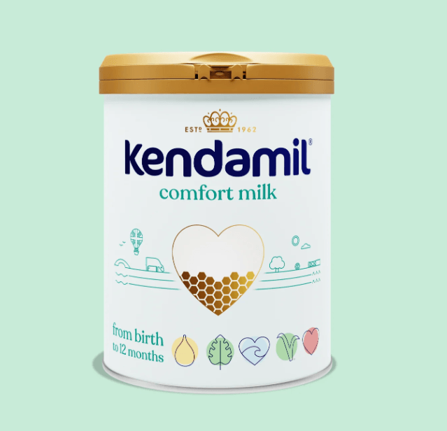 Kendamil Comfort Milk infant formula in a clean, white container with blue accents, showcasing the PETROUTSIOS brand label.