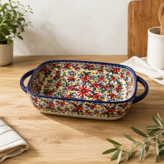 Κεραμικό Πυρίμαχο Σκεύος Φούρνου Floral Heritage Πολωνικής Κατασκευής με Λαβές – Χειροποίητη Πέτρινη Σερβιτσιέρα Φούρνου-σε-Τραπέζι