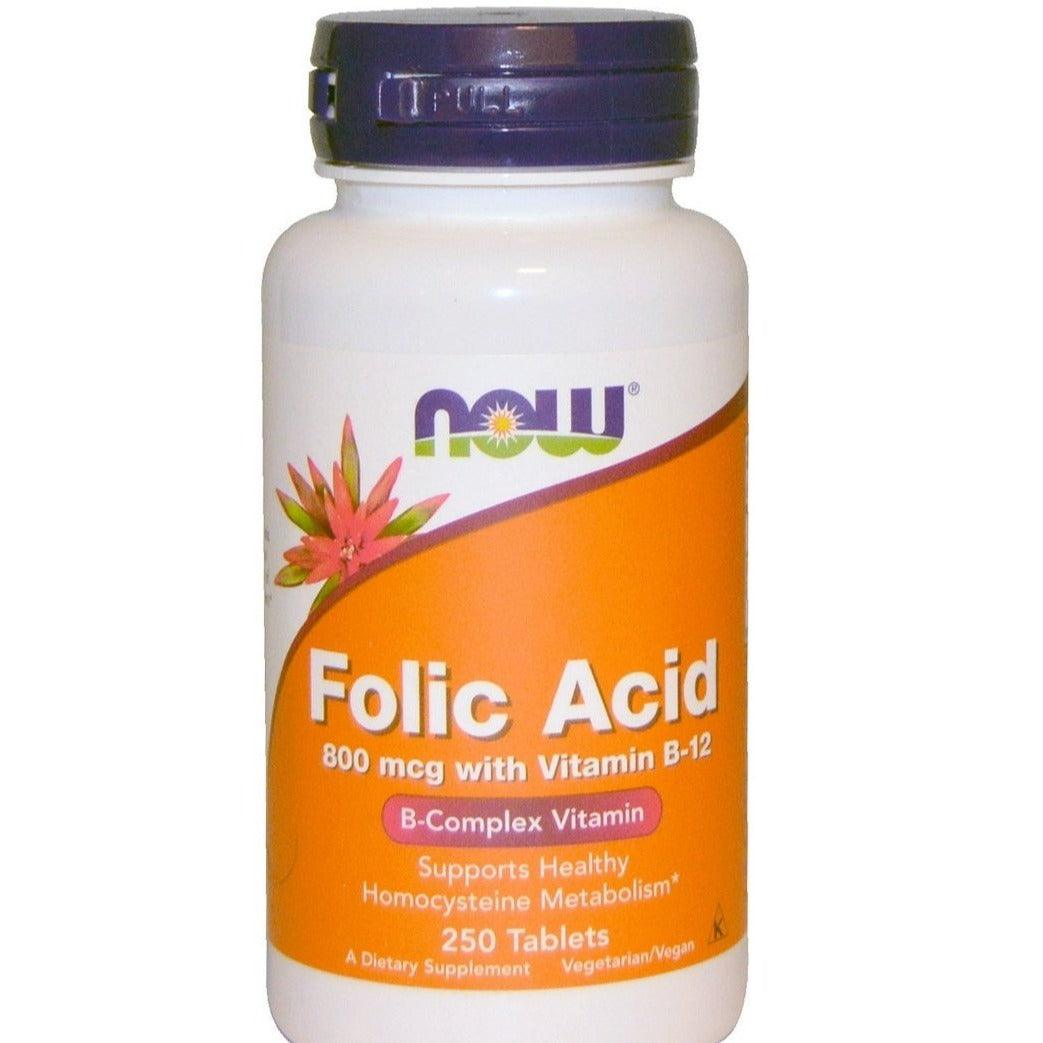 MKSTAVRINOS NOW Foods folic acid supplement bottle with 250 tablets, 800 mcg each, displayed on a white background.