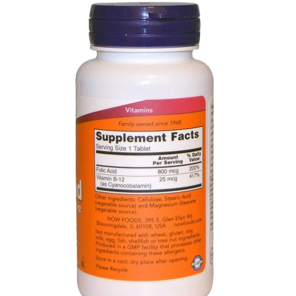 MKSTAVRINOS NOW Foods Folic Acid supplement bottle with 800 mcg tablets, shown in a clear image.