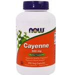 Supplements bottle of NOW Foods Cayenne 500mg capsules, dietary supplement for health and wellness, branded MKSTAVRINOS.