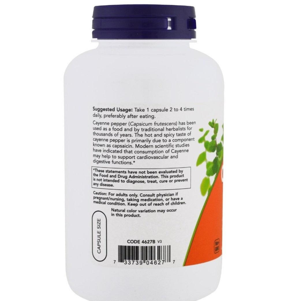 Bottle of NOW Foods Cayenne 500mg supplement capsules with 250 Vcaps, featuring red cayenne pepper on the label.