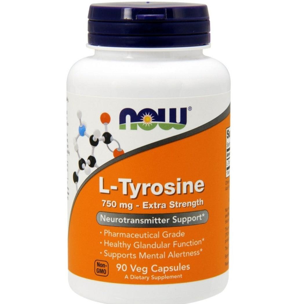 Now Foods L-Tyrosine supplement bottle with 90 caps, featuring white label with black and blue text on a white background.