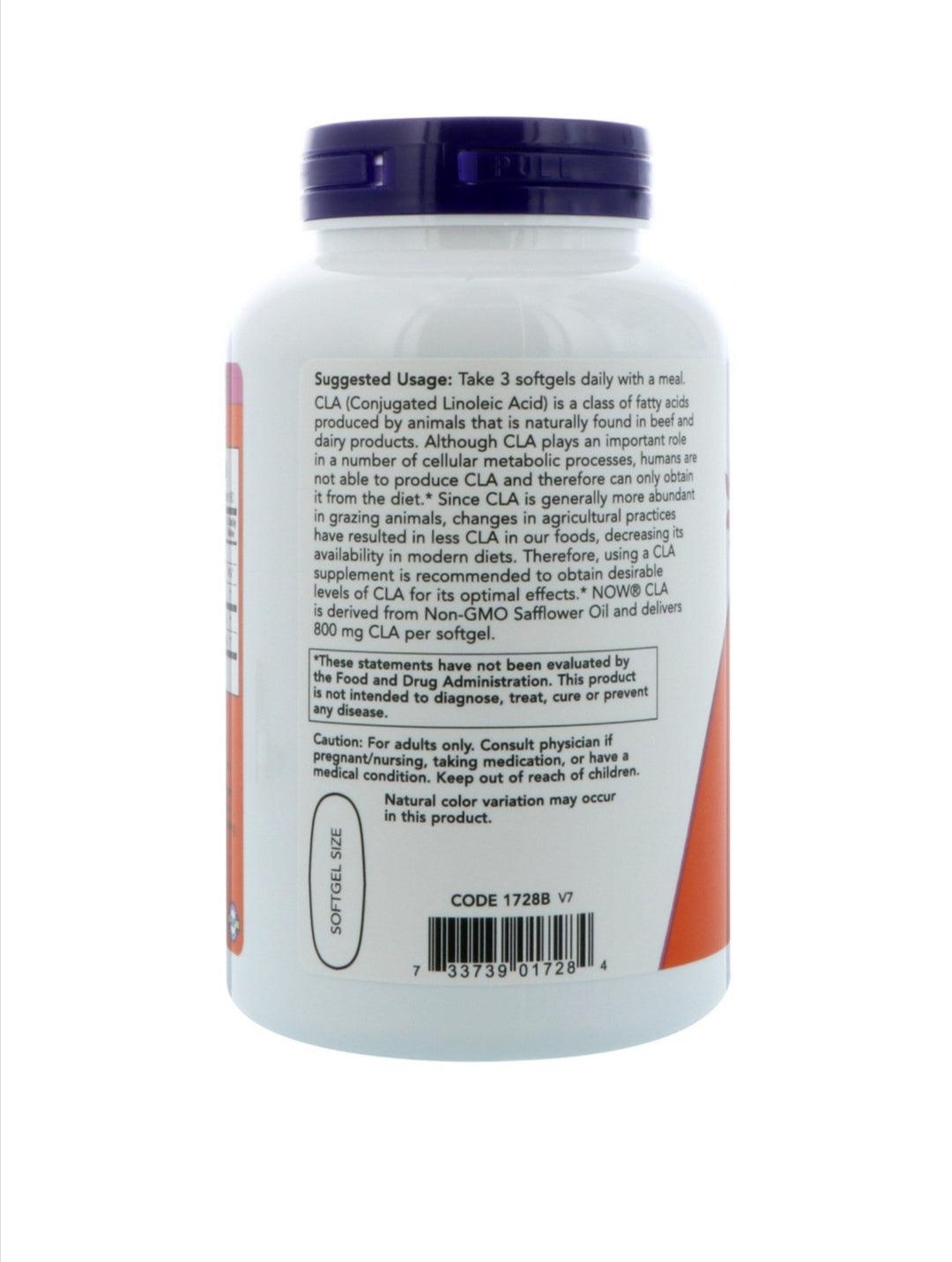 Now Foods CLA 800 mg supplement softgels, 90 count, in clear bottle with label showing product details and softgel capsules inside