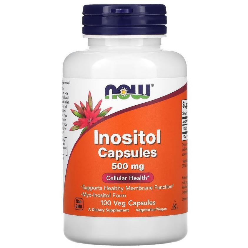 Now Foods Inositol 500mg supplement bottles with 100 veggie capsules, dietary supplement for overall wellness.