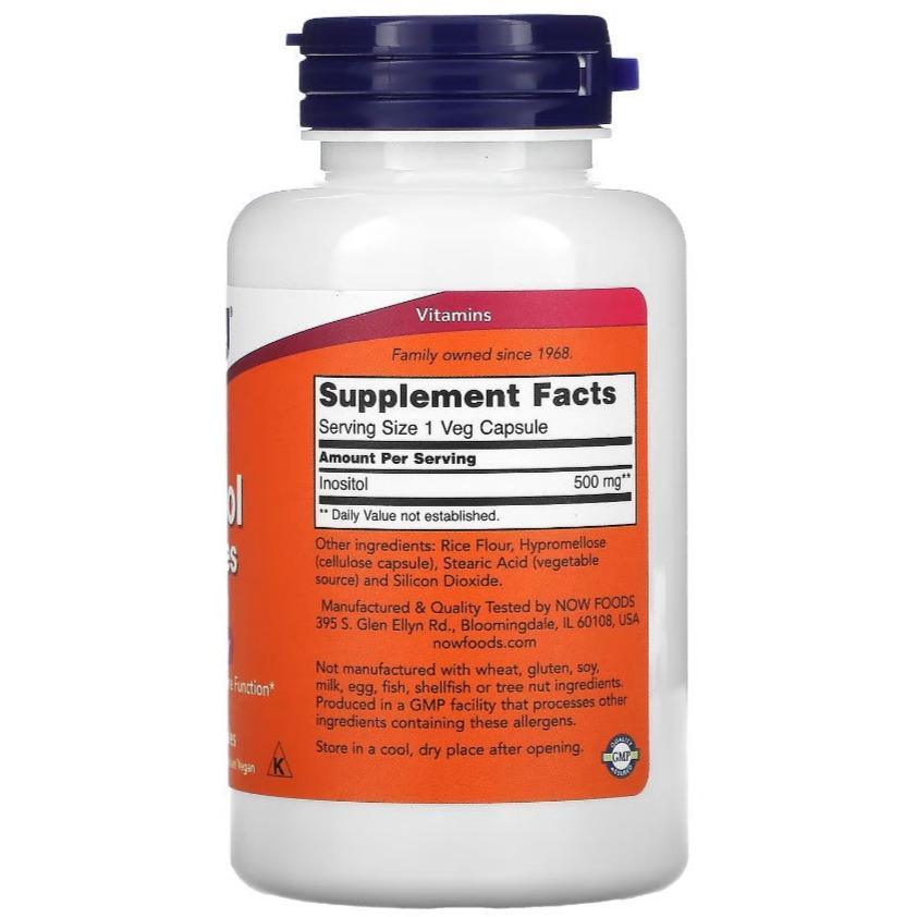 MKSTAVRINOS NOW Foods Inositol supplement bottle with 100 veggie capsules, 500mg per capsule for dietary support.