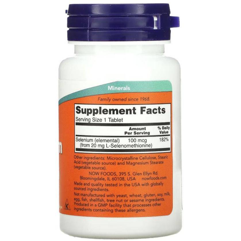 MKSTAVRINOS NOW Foods Selenium supplement bottle with 100 tablets, providing 100 mcg of selenium per serving.