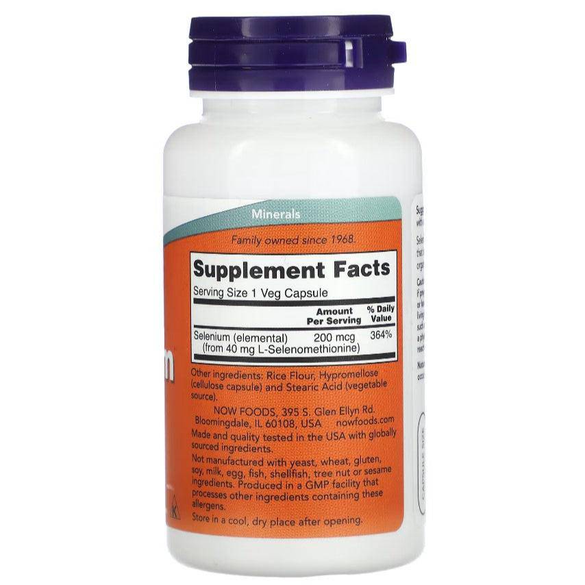 MKSTAVRINOS NOW Foods Selenium supplement capsules, 200 mcg, 90 vegetarian capsules in a bottle.