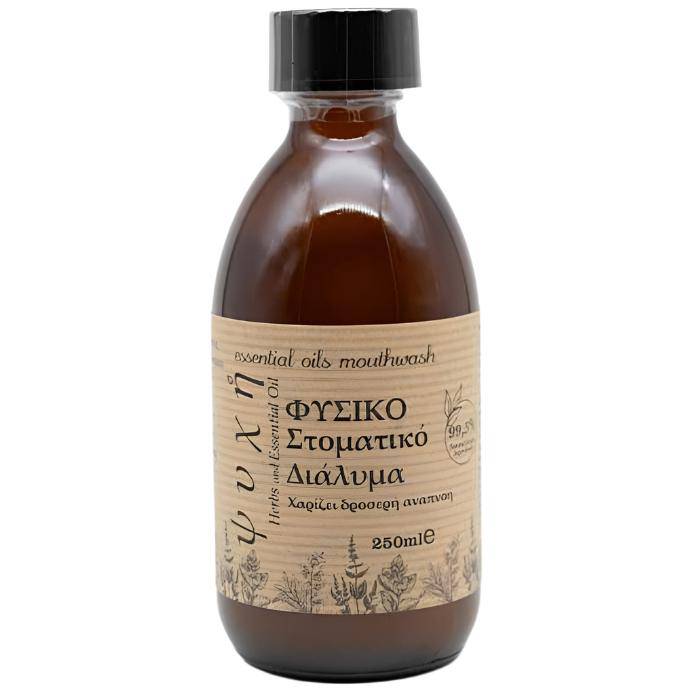 Natural mouthwash with herbs and essential oils in a 250ml bottle by OLD PRODUCTS, showcasing the herbal formula and packaging.