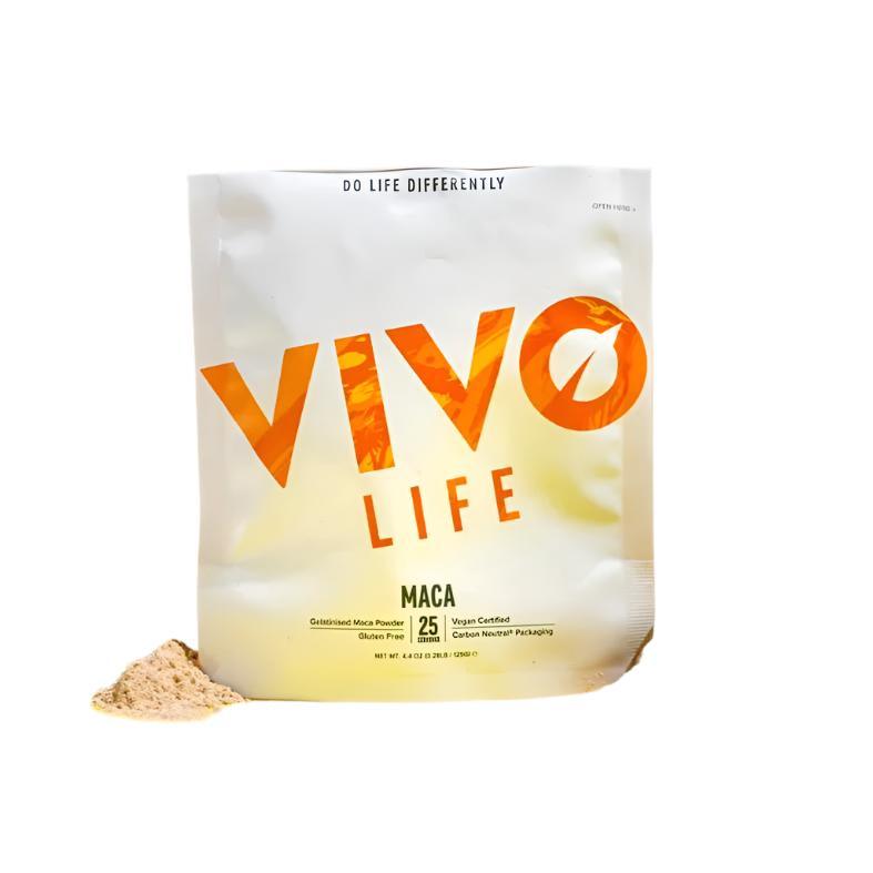 VIVO LIFE MACA Passion & Power supplement package with vibrant label, highlighting organic maca powder for energy and vitality.