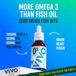 Vivo Life plant-based Omega 3 supplement bottle with label showing omega symbols and product details.