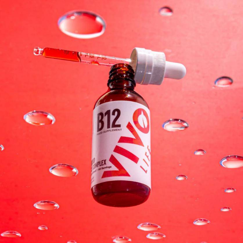 Vivo Life B12 High Potency Vegan Vitamin supplement bottle with label showing supplement details and branding.