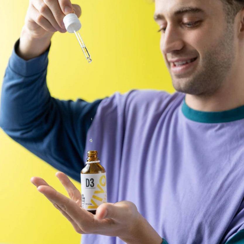 Vivo Life Vitamin D3 with K2 plant-based supplement bottle, showing label with supplement details and dosage information.