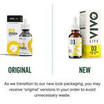 Vivo Life Vitamin D3 with K2 plant-based supplement bottle with label, showing supplement capsules and natural health branding.