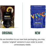 Vivo Life Magic Organic Coffee with Lion’s Mane Mushroom, brewed in a mug, showing the coffee's rich color and smooth texture.