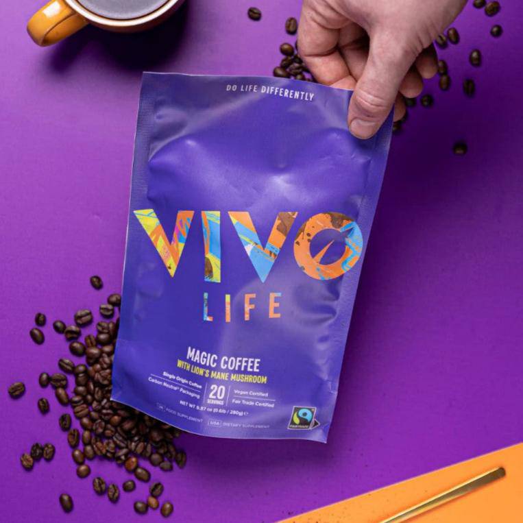 Vivo Life Magic Organic Coffee with Lion’s Mane mushroom, brewed in a cup, showcasing rich coffee and mushroom ingredients.
