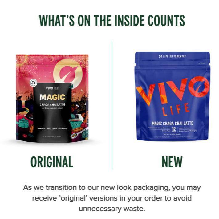 Old Products Magic Chaga Chai Latte supplement in a jar with a label, featuring a warm chai latte flavor and natural ingredients.