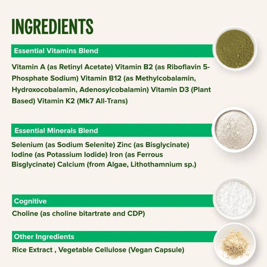 Vivo Life vegan multinutrient and mineral supplement bottle with colorful label and tablet capsules on a white background.