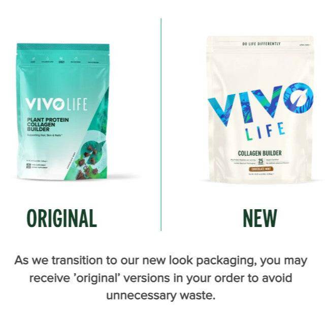 Vivo Life Collagen Builder Plant Protein supplement container with label, featuring a clean, natural design and product details.