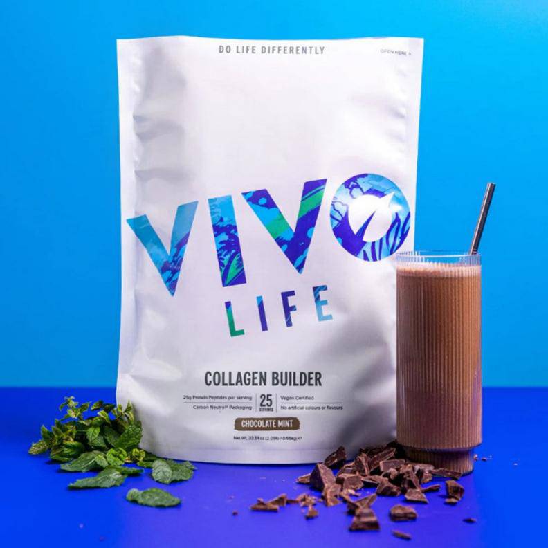 Vivo Life Collagen Builder Plant Protein supplement container with label, featuring a clean design and product details.