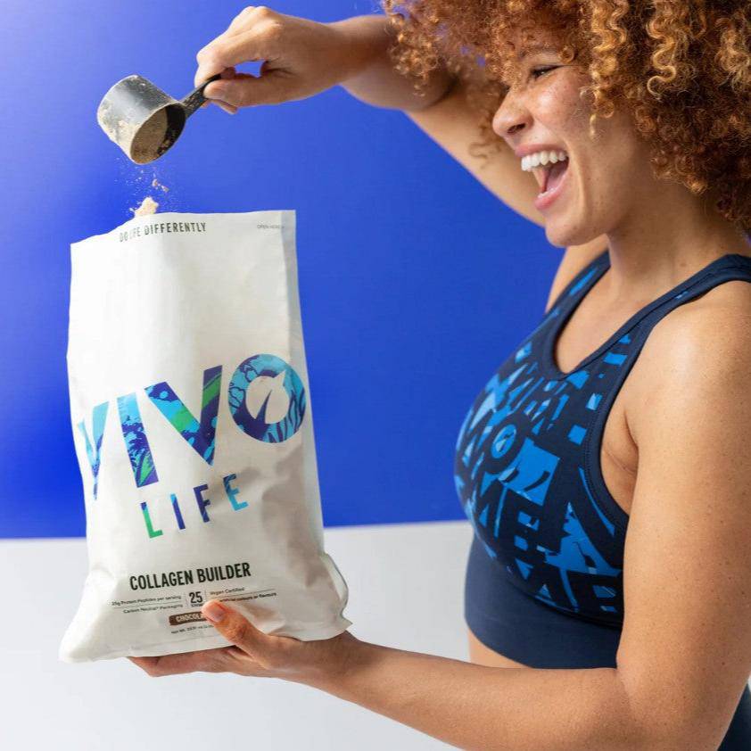 Vivo Life Collagen Builder plant protein supplement container with label showing product details and vibrant design.