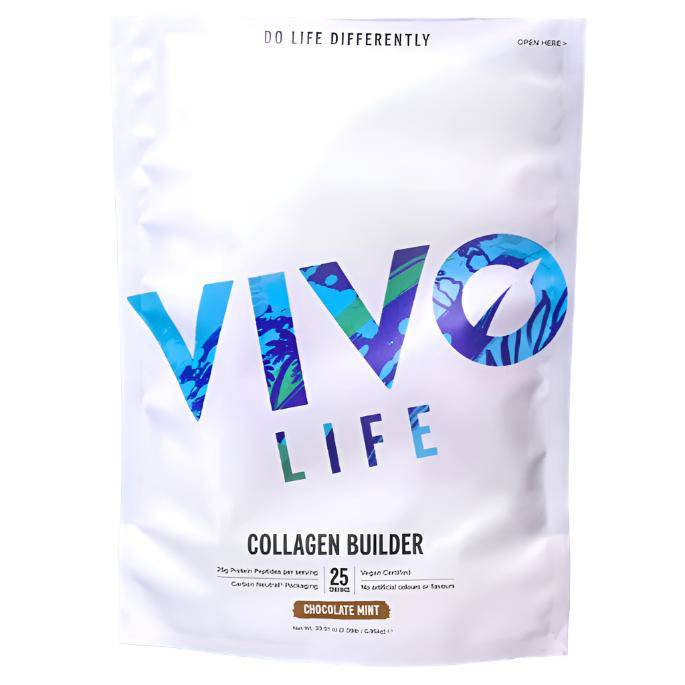 Vivo Life Collagen Builder plant protein supplement in a container, showing the label with product details and branding.