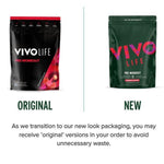 Vivo Life pre workout supplement container with label, showing supplement powder inside, in a clear, well-lit setting.