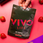 Vivo Life pre workout supplement container with label, featuring natural ingredients and vibrant branding.