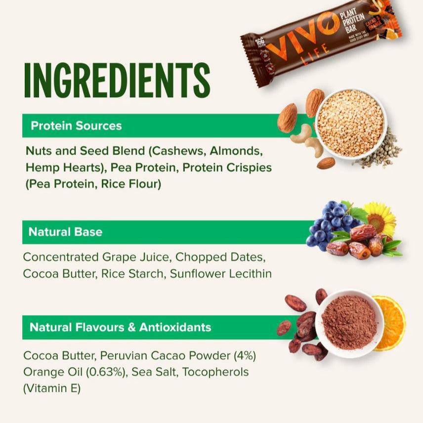 VIVO LIFE Plant Protein Bar with cacao and orange flavor, energy-boosting snack, showing the bar and packaging.