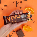 Vivo Life Plant Protein Bars with cacao and orange flavor, energy snack featuring chocolate and citrus ingredients.