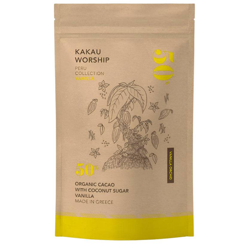 Kakau Worship Vanilla Orchid and Vanilla Chocolate Drink in 150g package, chocolate flavor, creamy beverage with vanilla notes.