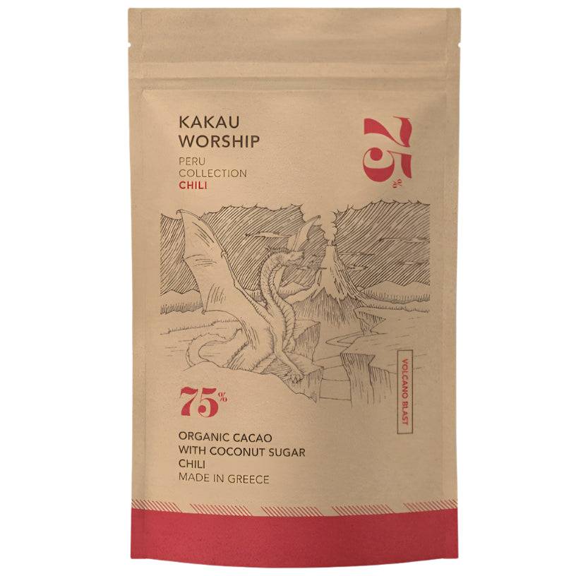 Kakau Worship Volcano Blast Chili Chocolate Drink 150g package, showing the chocolate product with vibrant branding and packaging details.